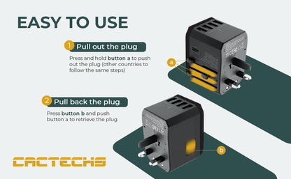 CACTECHS Universal Travel Adapter - All-in-one with USB-C and 4 USB Ports