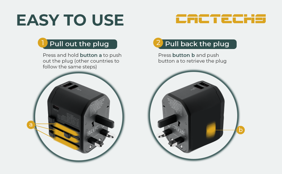 CACTECHS Universal Travel Adapter - All-in-one with USB-C and Dual USB Ports