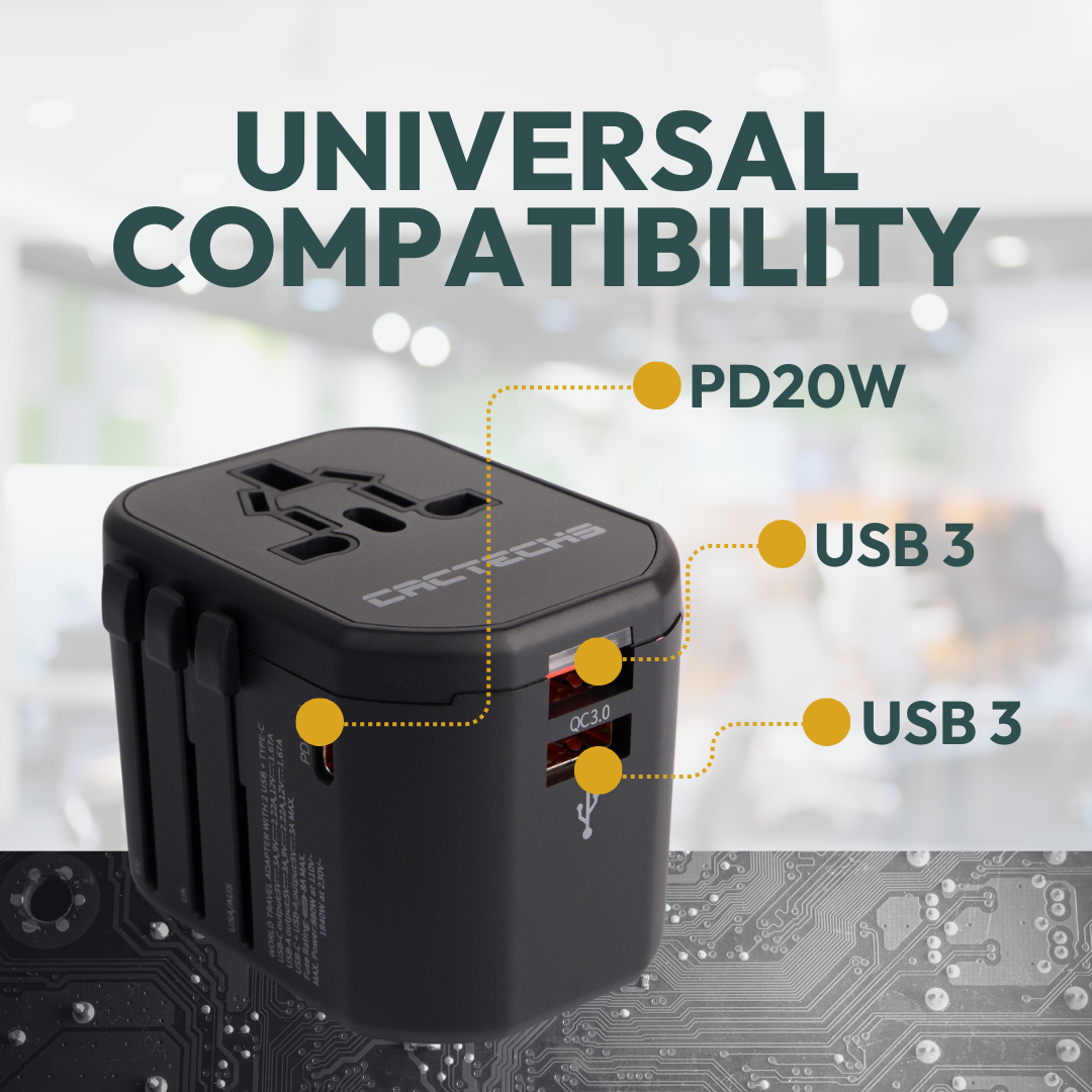 CACTECHS Universal Travel Adapter - All-in-one with USB-C and Dual USB Ports